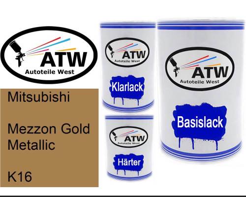 Mitsubishi, Mezzon Gold Metallic, K16: 500ml Lackdose + 500ml Klarlack + 250ml Härter - Set, von ATW Autoteile West.